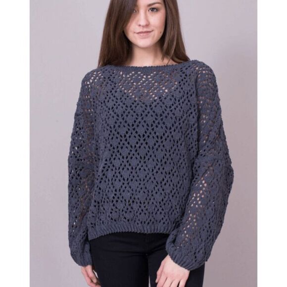 POL Chenille Open Knit Sweater Drop Shoulder Dark Gray Stretchy Size Large - Picture 1 of 11